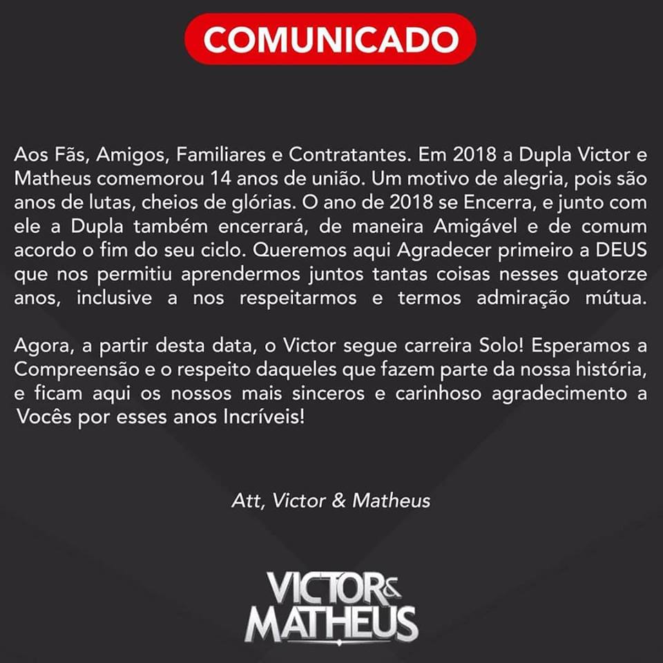 Comunicado - Victor e Matheus